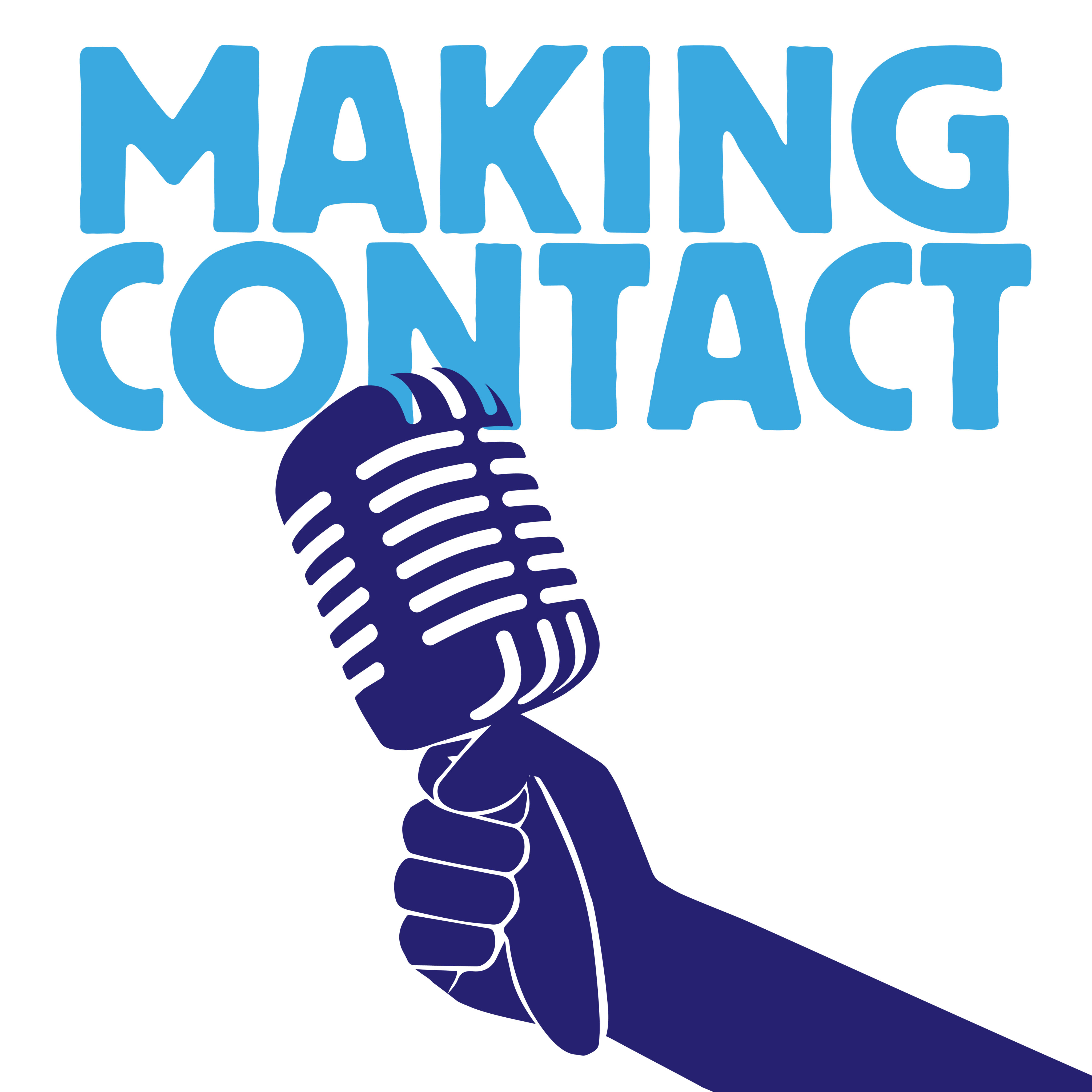 The image is a promotional graphic for the KBCS radio program "Making Contact." It features the KBCS 91.3 FM logo at the top, with the words "5 AM" and "Thursdays" prominently displayed to indicate the airtime of the show. Below the time, the title "Making Contact" is displayed in bold blue letters, accompanied by an image of a hand holding a microphone, symbolizing the program's focus on public affairs and journalism. The text at the bottom of the image reads: "An award-winning public affairs program delivering international news and spotlighting solutions from everyday people." The background consists of a grid of stylized, diverse cartoon avatars representing different people. This image serves as an announcement and a call to tune in to the "Making Contact" program on KBCS.