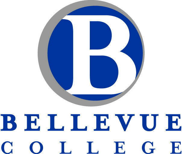 The image is the official logo of Bellevue College. It features a large, bold white letter “B” inside a dark blue circle, which is outlined by a gray ring. Below the circular logo, the words “BELLEVUE COLLEGE” are written in uppercase letters. “Bellevue” is in bold, dark blue font, with “College” written in slightly smaller, non-bold dark blue font below it. The overall design is simple and professional, representing the college’s brand identity.