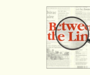 The KBCS Between the Lines logo features the text “Between the Lines” in bold, red letters, partially overlaid by a magnifying glass graphic, symbolizing the show’s focus on in-depth exploration of news topics.