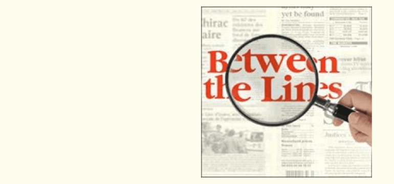 The KBCS Between the Lines logo features the text “Between the Lines” in bold, red letters, partially overlaid by a magnifying glass graphic, symbolizing the show’s focus on in-depth exploration of news topics.