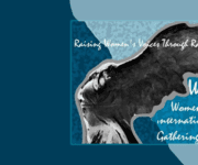 The image is a banner for WINGS (Women’s International News Gathering Service). It features an artistic depiction of a woman with wings, symbolizing the goddess Nike. The woman is shown in black and white against a textured blue and teal background, giving the image a vintage, yet powerful feel. In the top left corner, the text reads, “Raising Women’s Voices Through Radio Worldwide” in a handwritten-style font. On the right side of the image, the acronym “WINGS” is displayed in large, bold, white letters. Below it, the full name, “Women’s International News Gathering Service,” is written in a smaller, script-like font. The overall design conveys a sense of strength, movement, and global outreach, aligning with the mission of WINGS to amplify women’s voices through radio.