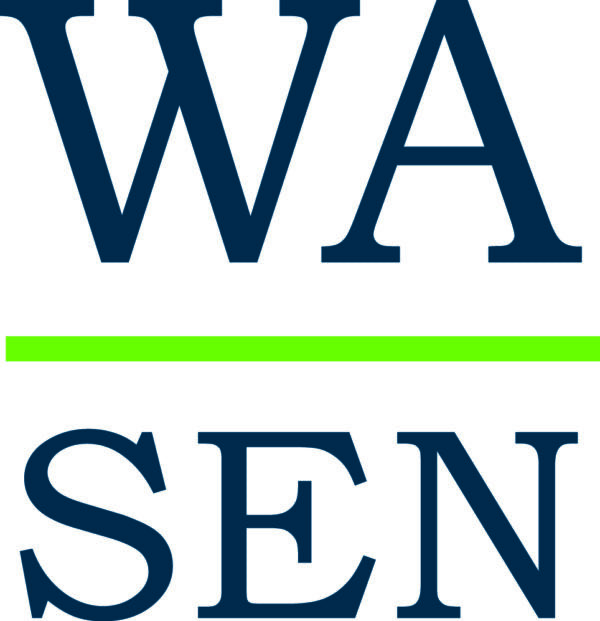 The image shows a logo for the Washington Student Engagement Network (WA-SEN). The logo consists of bold, capitalized letters “WA” stacked above “SEN,” with a green line separating the two. The overall design is minimalist, using dark blue for the text, with a bright green line as an accent, representing a clean and professional look.