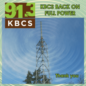rippling waves around radio tower and kbcs logo