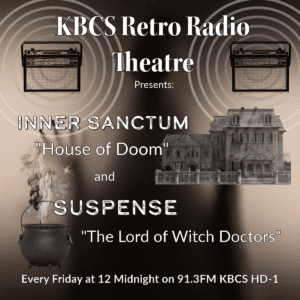 Image of titles for show and a spooky house and smoky caldron