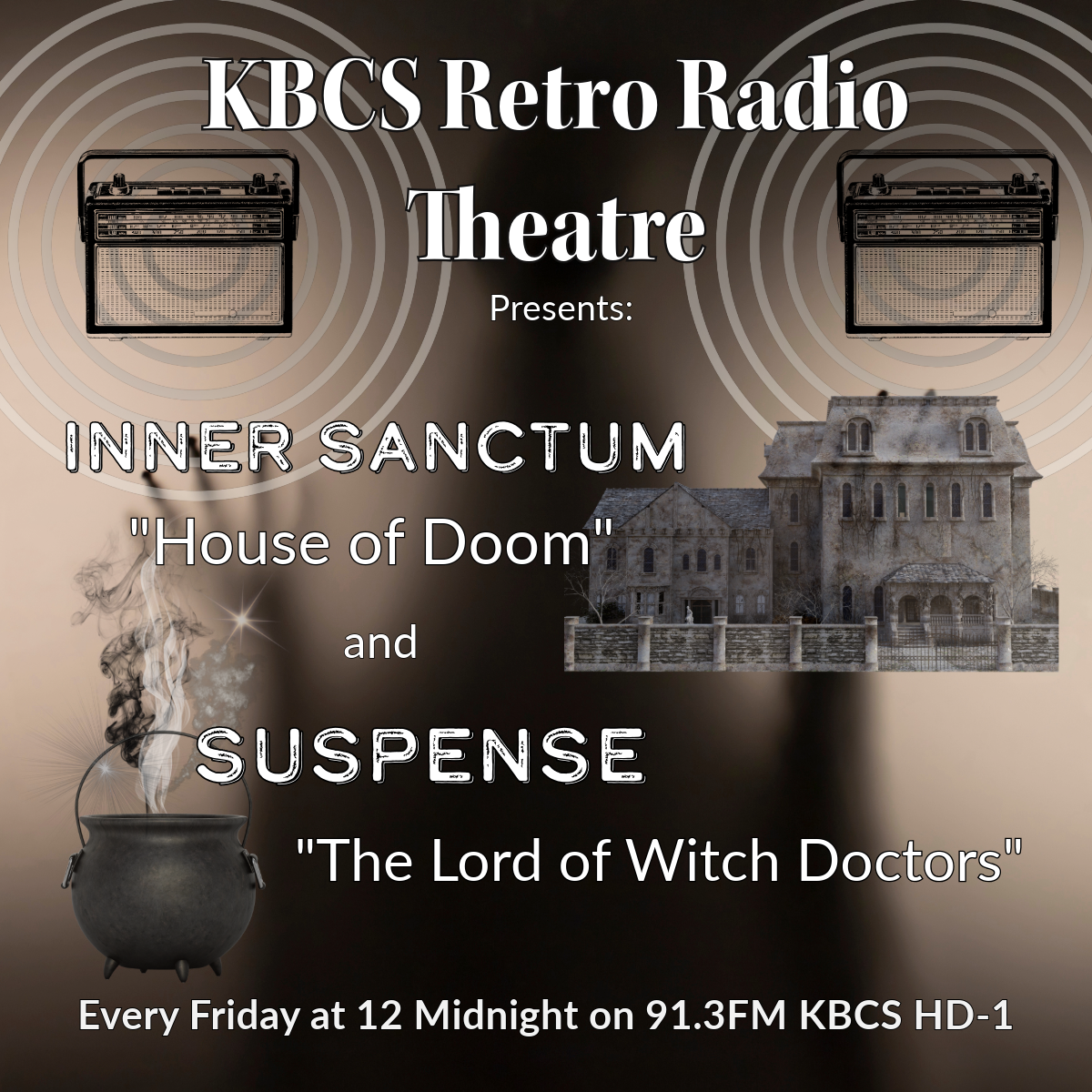 Image of titles for show and a spooky house and smoky caldron