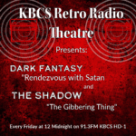 Red texture image with text for Radio Theatre